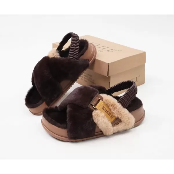 imageKuaiLu Womens Fuzzy Criss Cross Band Platform Slippers Arch Support Furry Faux Fur Ladies Open Toe Cozy Soft Plush Fleece Comfy House Shoes SandalsPlush Brown