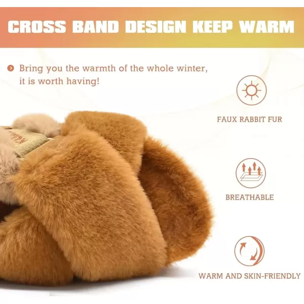imageKuaiLu Womens Fuzzy Criss Cross Band Platform Slippers Arch Support Furry Faux Fur Ladies Open Toe Cozy Soft Plush Fleece Comfy House Shoes SandalsPlush Tan