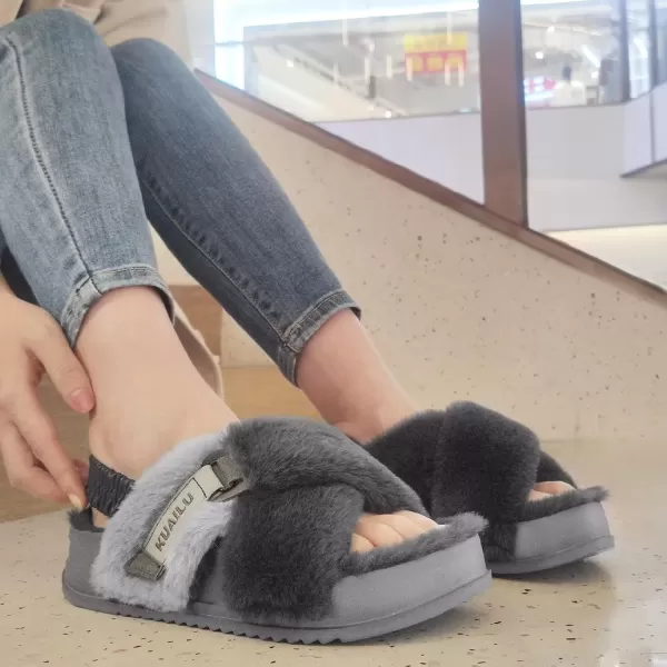 imageKuaiLu Womens Fuzzy Criss Cross Band Platform Slippers Arch Support Furry Faux Fur Ladies Open Toe Cozy Soft Plush Fleece Comfy House Shoes SandalsPlush Grey