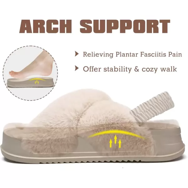 imageKuaiLu Womens Fuzzy Criss Cross Band Platform Slippers Arch Support Furry Faux Fur Ladies Open Toe Cozy Soft Plush Fleece Comfy House Shoes SandalsPlush Beige
