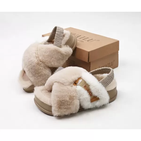 imageKuaiLu Womens Fuzzy Criss Cross Band Platform Slippers Arch Support Furry Faux Fur Ladies Open Toe Cozy Soft Plush Fleece Comfy House Shoes SandalsPlush Beige