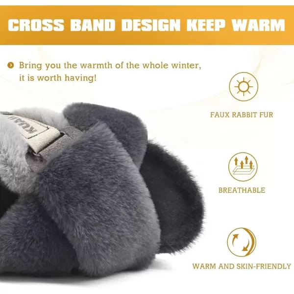 imageKuaiLu Womens Fuzzy Criss Cross Band Platform Slippers Arch Support Furry Faux Fur Ladies Open Toe Cozy Soft Plush Fleece Comfy House Shoes SandalsPlush Grey