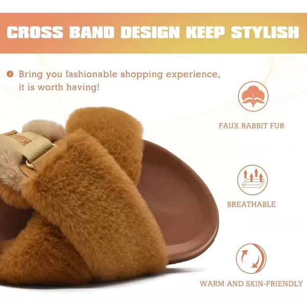 imageKuaiLu Womens Fuzzy Criss Cross Band Platform Slippers Arch Support Furry Faux Fur Ladies Open Toe Cozy Soft Plush Fleece Comfy House Shoes SandalsTan