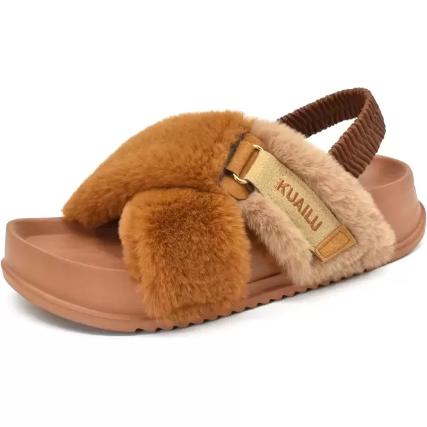 imageKuaiLu Womens Fuzzy Criss Cross Band Platform Slippers Arch Support Furry Faux Fur Ladies Open Toe Cozy Soft Plush Fleece Comfy House Shoes SandalsTan