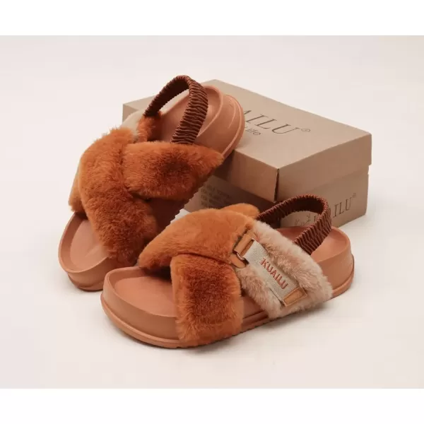 imageKuaiLu Womens Fuzzy Criss Cross Band Platform Slippers Arch Support Furry Faux Fur Ladies Open Toe Cozy Soft Plush Fleece Comfy House Shoes SandalsTan
