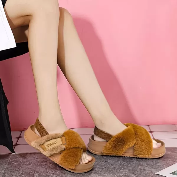 imageKuaiLu Womens Fuzzy Criss Cross Band Platform Slippers Arch Support Furry Faux Fur Ladies Open Toe Cozy Soft Plush Fleece Comfy House Shoes SandalsTan