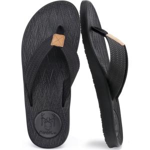 imageKuaiLu Mens Flip Flops Arch Support Comfortable Waterproof Open Toe Summer Beach Leather Thong Sandals Cushion Slip on SlippersBlack
