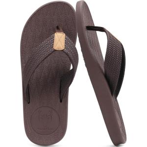 imageKuaiLu Mens Flip Flops Arch Support Comfortable Waterproof Open Toe Summer Beach Leather Thong Sandals Cushion Slip on SlippersDbrown