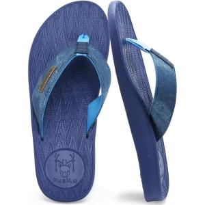 imageKuaiLu Mens Flip Flops Arch Support Comfortable Waterproof Open Toe Summer Beach Leather Thong Sandals Cushion Slip on SlippersPublue
