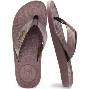 imageKuaiLu Mens Flip Flops Arch Support Comfortable Waterproof Open Toe Summer Beach Leather Thong Sandals Cushion Slip on SlippersPubrown
