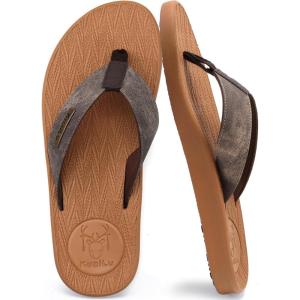 imageKuaiLu Mens Flip Flops Arch Support Comfortable Waterproof Open Toe Summer Beach Leather Thong Sandals Cushion Slip on SlippersPukhaki