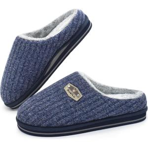 imageKuaiLu Mens Slippers Orthopedic Memory Foam Slippers for Men Fashion Casual Woolblend Stripe Knitted with Warm Sherpa Plush Lining Winter Mens Mule Scuff Nonslip House Slippers Pantuflas para Hombres Size 714Blue