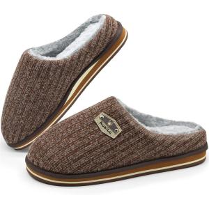 imageKuaiLu Mens Slippers Orthopedic Memory Foam Slippers for Men Fashion Casual Woolblend Stripe Knitted with Warm Sherpa Plush Lining Winter Mens Mule Scuff Nonslip House Slippers Pantuflas para Hombres Size 714Brown