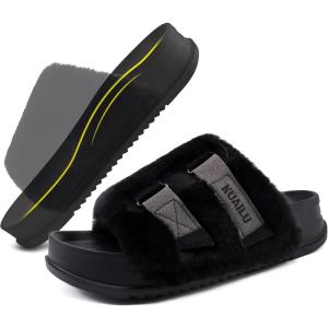 imageKuaiLu Womens Orthotic Slippers With Arch Support Soft Cushion Sandal Slippers for Woman Ladies Fashion Open Toe Faux Fur Platform Slipper Indoor Outdoor Size 612Black