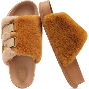 imageKuaiLu Womens Orthotic Slippers With Arch Support Soft Cushion Sandal Slippers for Woman Ladies Fashion Open Toe Faux Fur Platform Slipper Indoor Outdoor Size 612Camel