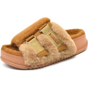 imageKuaiLu Womens Orthotic Slippers With Arch Support Soft Cushion Sandal Slippers for Woman Ladies Fashion Open Toe Faux Fur Platform Slipper Indoor Outdoor Size 612Plush Khaki