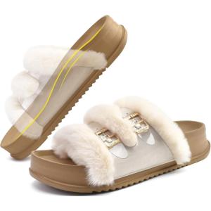 imageKuaiLu Womens Orthotic Slippers With Arch Support Soft Cushion Sandal Slippers for Woman Ladies Fashion Open Toe Faux Fur Platform Slipper Indoor Outdoor Size 612Fashion Beige