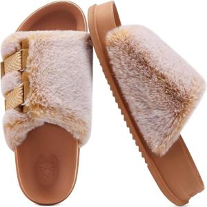 imageKuaiLu Womens Orthotic Slippers With Arch Support Soft Cushion Sandal Slippers for Woman Ladies Fashion Open Toe Faux Fur Platform Slipper Indoor Outdoor Size 612Khaki Tip Dyeing