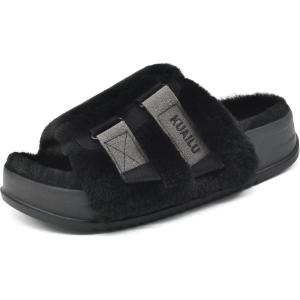 imageKuaiLu Womens Orthotic Slippers With Arch Support Soft Cushion Sandal Slippers for Woman Ladies Fashion Open Toe Faux Fur Platform Slipper Indoor Outdoor Size 612Plush Black