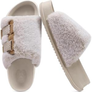 imageKuaiLu Womens Orthotic Slippers With Arch Support Soft Cushion Sandal Slippers for Woman Ladies Fashion Open Toe Faux Fur Platform Slipper Indoor Outdoor Size 612White Tip Dyeing