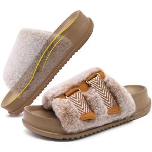 imageKuaiLu Womens Orthotic Slippers With Arch Support Soft Cushion Sandal Slippers for Woman Ladies Fashion Open Toe Faux Fur Platform Slipper Indoor Outdoor Size 612Camel Brown Tip Dyeing
