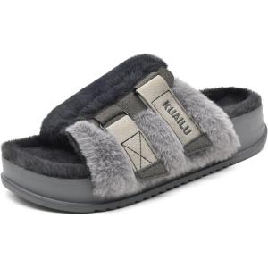 imageKuaiLu Womens Orthotic Slippers With Arch Support Soft Cushion Sandal Slippers for Woman Ladies Fashion Open Toe Faux Fur Platform Slipper Indoor Outdoor Size 612Plush Grey