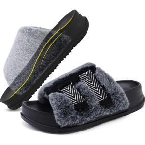 imageKuaiLu Womens Orthotic Slippers With Arch Support Soft Cushion Sandal Slippers for Woman Ladies Fashion Open Toe Faux Fur Platform Slipper Indoor Outdoor Size 612Vogue Black Tip Dyeing