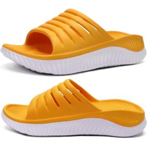imageKuaiLu Womens Recovery Sandals With Comfortable Plantar Fasciitis SupportLadies Orthotic Open Toe Sport Slides Thick Cushion Reduces Stress on FeetJoints ampamp Back PostExerciseYellow White