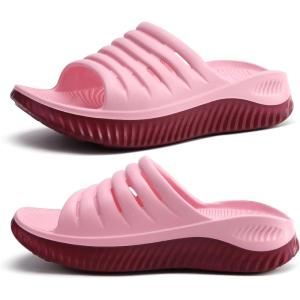 imageKuaiLu Womens Recovery Sandals With Comfortable Plantar Fasciitis SupportLadies Orthotic Open Toe Sport Slides Thick Cushion Reduces Stress on FeetJoints ampamp Back PostExercisePink Wine