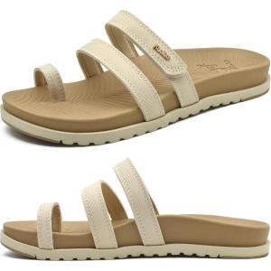 imageKuaiLu Womens Slides Sandals with Plantar Fasciitis Arch Support Fashion Comfort Adjustable Flat Sandals Ladies Lightweight Orthotic Slip on SandalsBeige