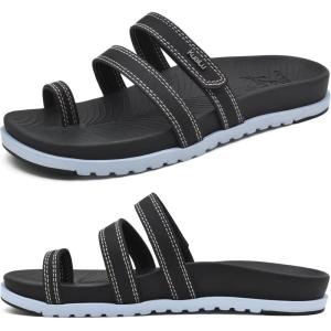 imageKuaiLu Womens Slides Sandals with Plantar Fasciitis Arch Support Fashion Comfort Adjustable Flat Sandals Ladies Lightweight Orthotic Slip on SandalsBlackWhite