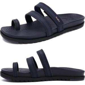 imageKuaiLu Womens Slides Sandals with Plantar Fasciitis Arch Support Fashion Comfort Adjustable Flat Sandals Ladies Lightweight Orthotic Slip on SandalsDarkblue