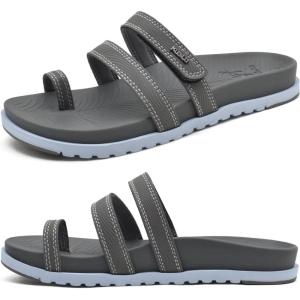 imageKuaiLu Womens Slides Sandals with Plantar Fasciitis Arch Support Fashion Comfort Adjustable Flat Sandals Ladies Lightweight Orthotic Slip on SandalsGrey