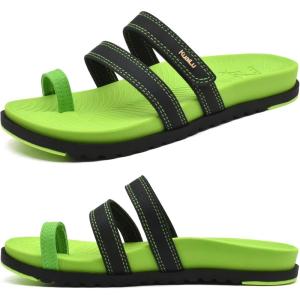 imageKuaiLu Womens Slides Sandals with Plantar Fasciitis Arch Support Fashion Comfort Adjustable Flat Sandals Ladies Lightweight Orthotic Slip on SandalsGreenBlack
