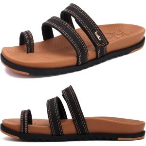 imageKuaiLu Womens Slides Sandals with Plantar Fasciitis Arch Support Fashion Comfort Adjustable Flat Sandals Ladies Lightweight Orthotic Slip on SandalsKhaki Black