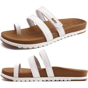 imageKuaiLu Womens Slides Sandals with Plantar Fasciitis Arch Support Fashion Comfort Adjustable Flat Sandals Ladies Lightweight Orthotic Slip on SandalsKhaki White