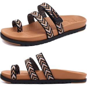 imageKuaiLu Womens Slides Sandals with Plantar Fasciitis Arch Support Fashion Comfort Adjustable Flat Sandals Ladies Lightweight Orthotic Slip on SandalsStylish Khaki Black