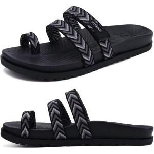 imageKuaiLu Womens Slides Sandals with Plantar Fasciitis Arch Support Fashion Comfort Adjustable Flat Sandals Ladies Lightweight Orthotic Slip on SandalsStylish Black