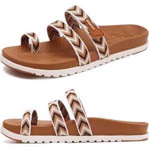imageKuaiLu Womens Slides Sandals with Plantar Fasciitis Arch Support Fashion Comfort Adjustable Flat Sandals Ladies Lightweight Orthotic Slip on SandalsStylish White Khaki