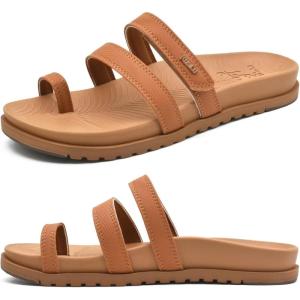 imageKuaiLu Womens Slides Sandals with Plantar Fasciitis Arch Support Fashion Comfort Adjustable Flat Sandals Ladies Lightweight Orthotic Slip on SandalsTan