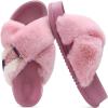 imageKuaiLu Womens Fuzzy Cross Band Platform Slippers Comfortable Faux Fur Open Toe Arch Support Slides Slippers for Indoor OutdoorPink