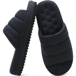 imageKuaiLu Mens Slippers Fashion Quilted Cottonblend Fabric Sandal Slippers Cozy Memory Foam Indoor Outdoor House Slippers Shoes For Man with Lightweight Soft Cushion Footbed Hard Rubber SoleAll Black