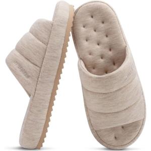 imageKuaiLu Mens Slippers Fashion Quilted Cottonblend Fabric Sandal Slippers Cozy Memory Foam Indoor Outdoor House Slippers Shoes For Man with Lightweight Soft Cushion Footbed Hard Rubber SoleBeige
