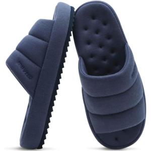 imageKuaiLu Mens Slippers Fashion Quilted Cottonblend Fabric Sandal Slippers Cozy Memory Foam Indoor Outdoor House Slippers Shoes For Man with Lightweight Soft Cushion Footbed Hard Rubber SoleDark Blue