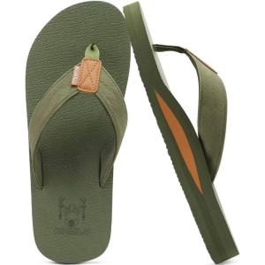 imageKuaiLu Mens Yoga Mat Leather Flip Flops Thong Sandals with Arch SupportArmy Green