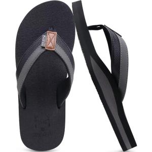 imageKuaiLu Mens Yoga Mat Leather Flip Flops Thong Sandals with Arch SupportBlack Grey