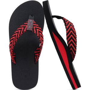 imageKuaiLu Mens Yoga Mat Leather Flip Flops Thong Sandals with Arch SupportBlackRed