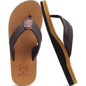 imageKuaiLu Mens Yoga Mat Leather Flip Flops Thong Sandals with Arch SupportKhaki Brown