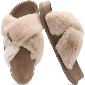 imageKuaiLu Womens Fuzzy Cross Band Platform Slippers Comfortable Faux Fur Open Toe Arch Support Slides Slippers for Indoor OutdoorBeige