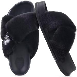 imageKuaiLu Womens Fuzzy Cross Band Platform Slippers Comfortable Faux Fur Open Toe Arch Support Slides Slippers for Indoor OutdoorBlack